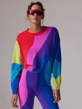 COLORUSH 100% Cashmere Colorful Bright Wave Stripe Crew Pullover Size Large VGUC